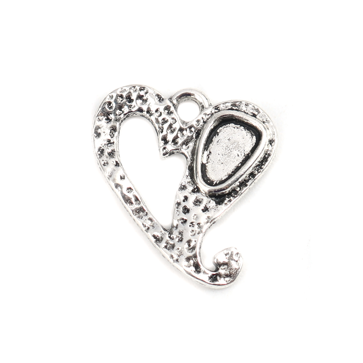 Picture of Zinc Based Alloy Hammered Cabochon Settings Charms Heart Antique Silver (Fits 7mm x 5mm) 19mm x 18mm, 50 PCs