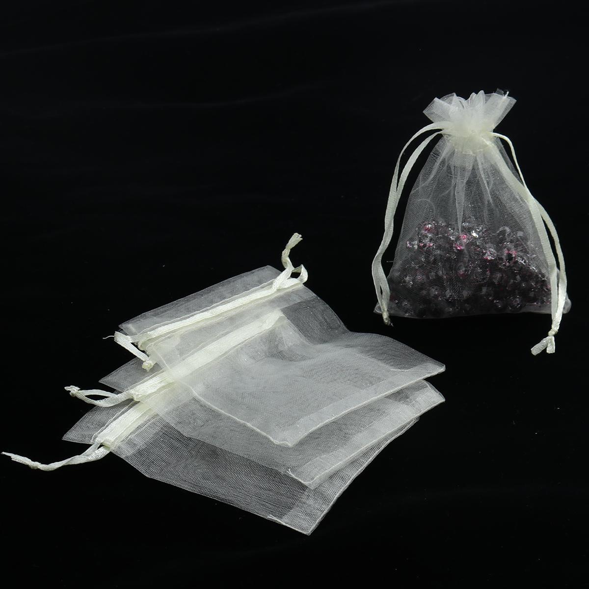 Picture of Wedding Gift Organza Jewelry Bags Drawstring Rectangle Beige 10cm x8cm(3 7/8" x3 1/8"), (Usable Space: 8x8cm) 30 PCs