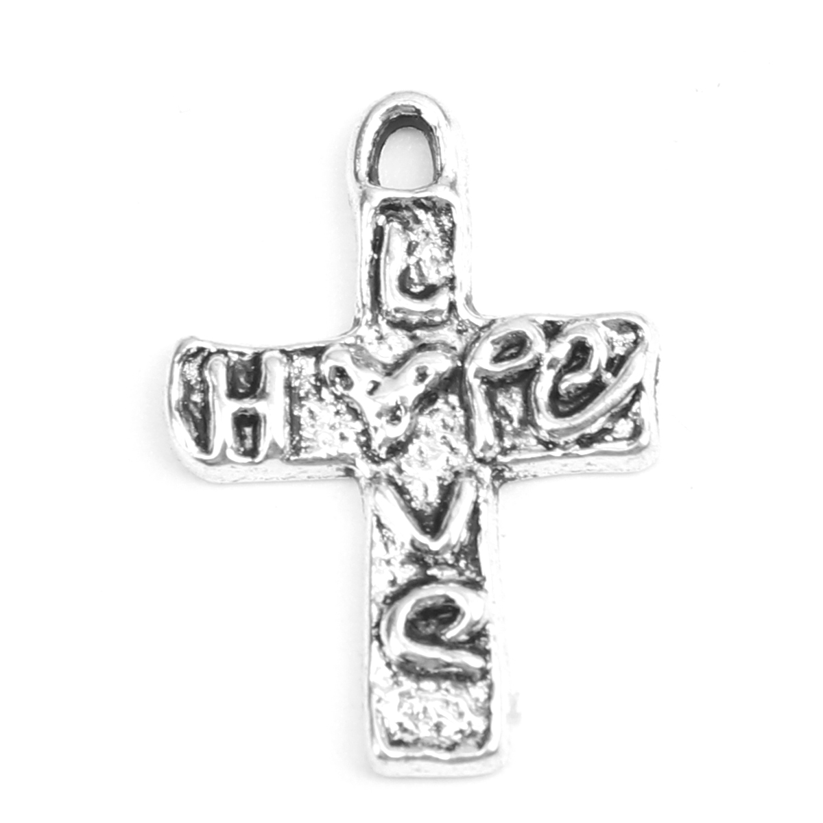Picture of Zinc Based Alloy Charms Cross Antique Silver Message " LOVE&HOPE " 21mm x 15mm, 50 PCs