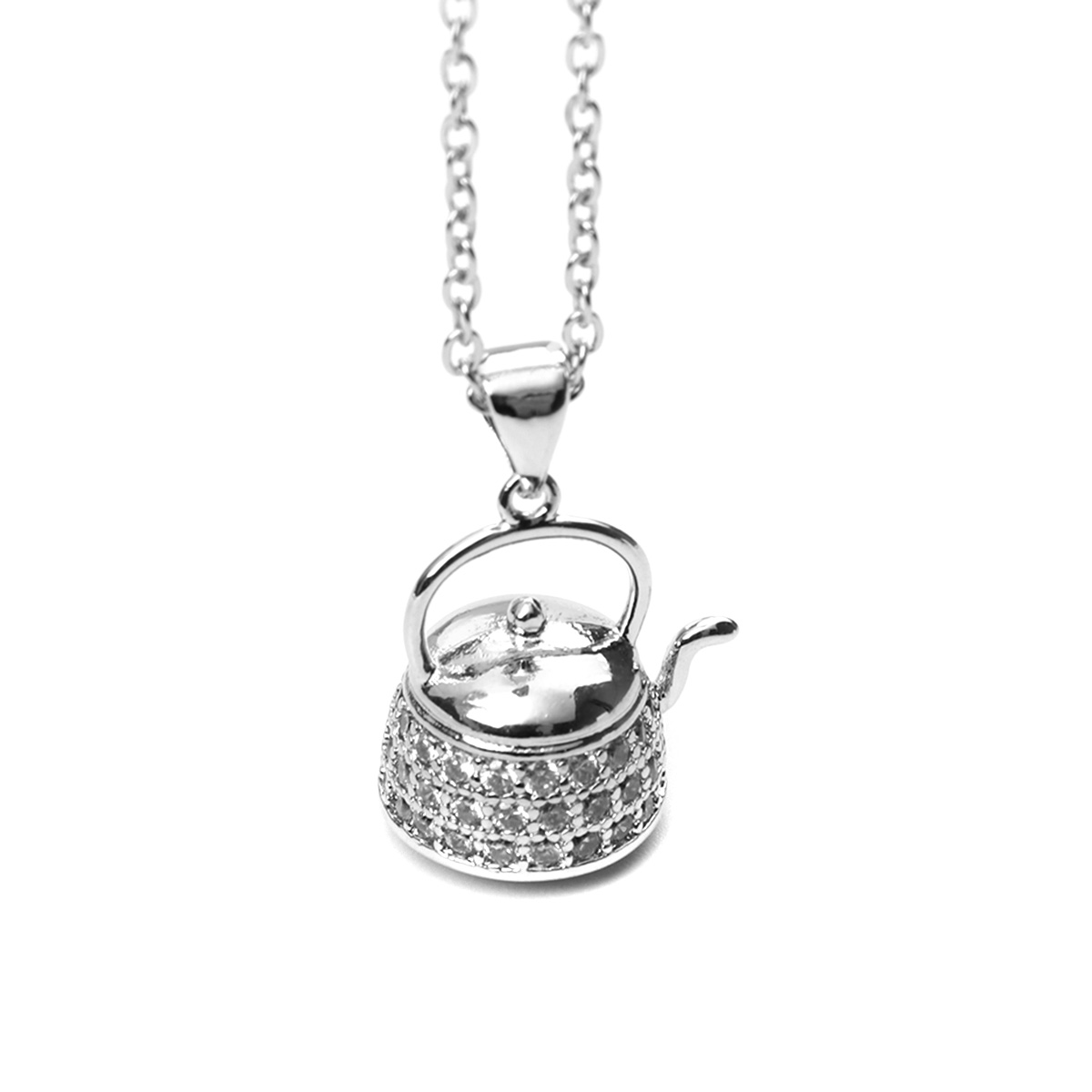 Picture of Stainless Steel Necklace Silver Tone Teapot Clear Cubic Zirconia 45cm(17 6/8") long, 1 Piece