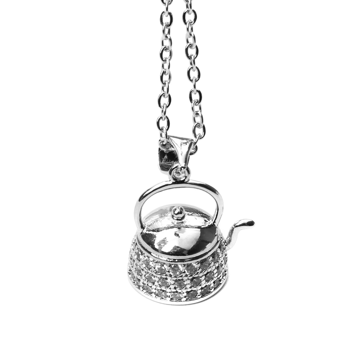 Picture of Stainless Steel Necklace Silver Tone Teapot Clear Cubic Zirconia 45cm(17 6/8") long, 1 Piece