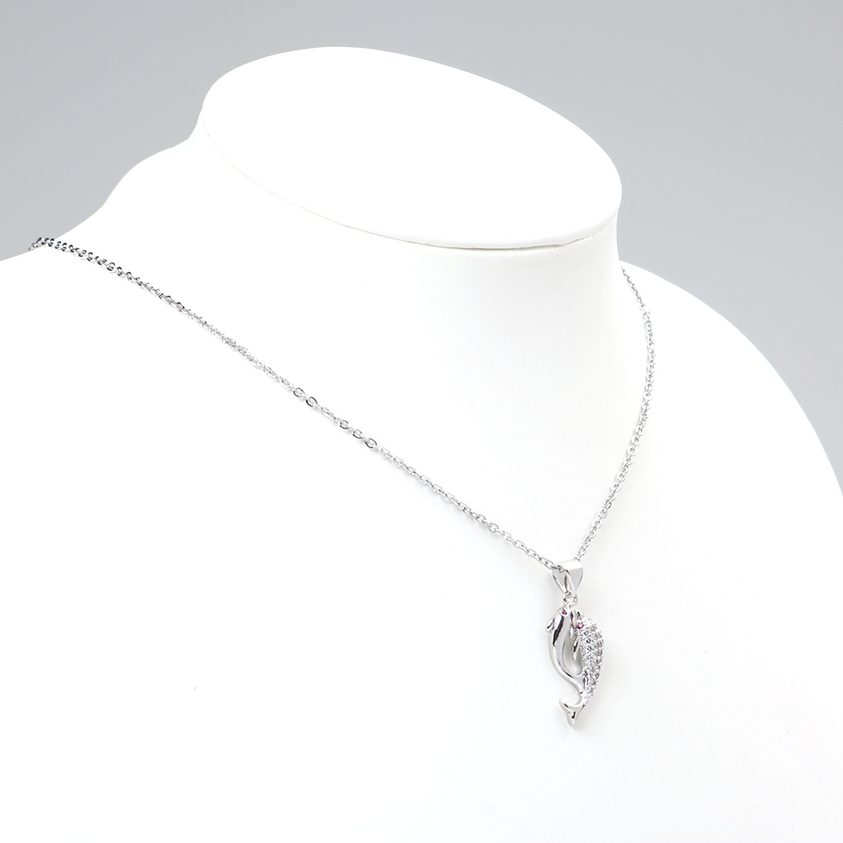 Picture of Stainless Steel Necklace Silver Tone Dolphin Animal Clear Cubic Zirconia 45cm(17 6/8") long, 1 Piece