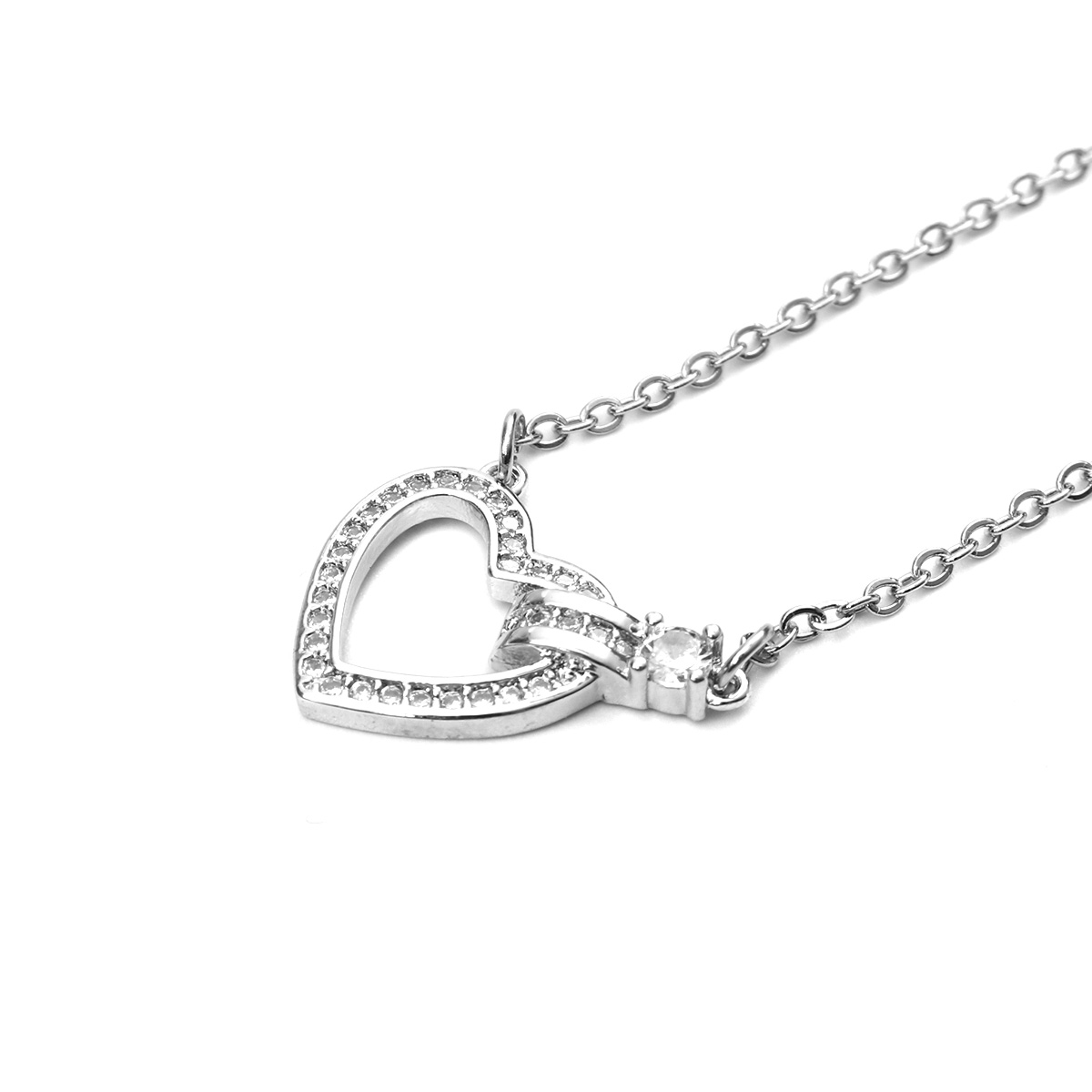 Picture of Stainless Steel Necklace Silver Tone Heart Clear Cubic Zirconia 45cm(17 6/8") long, 1 Piece