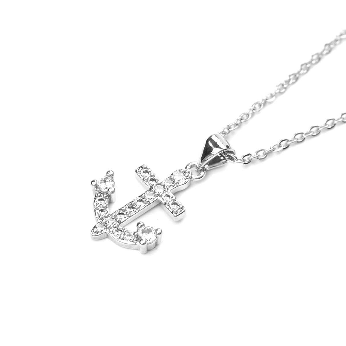 Picture of Stainless Steel Necklace Silver Tone Anchor Clear Cubic Zirconia 45cm(17 6/8") long, 1 Piece