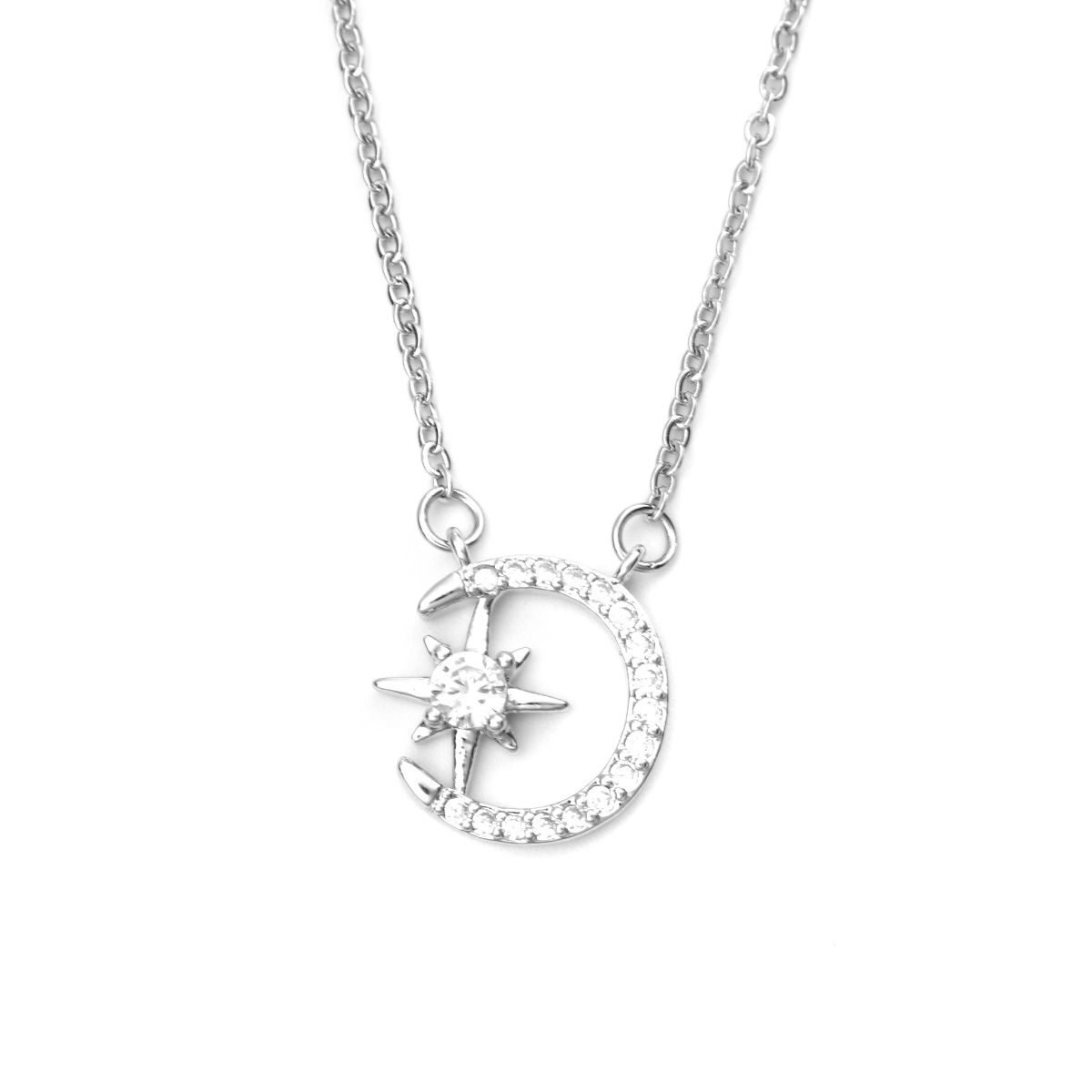 Picture of Stainless Steel Necklace Silver Tone Half Moon Star Clear Cubic Zirconia 45cm(17 6/8") long, 1 Piece