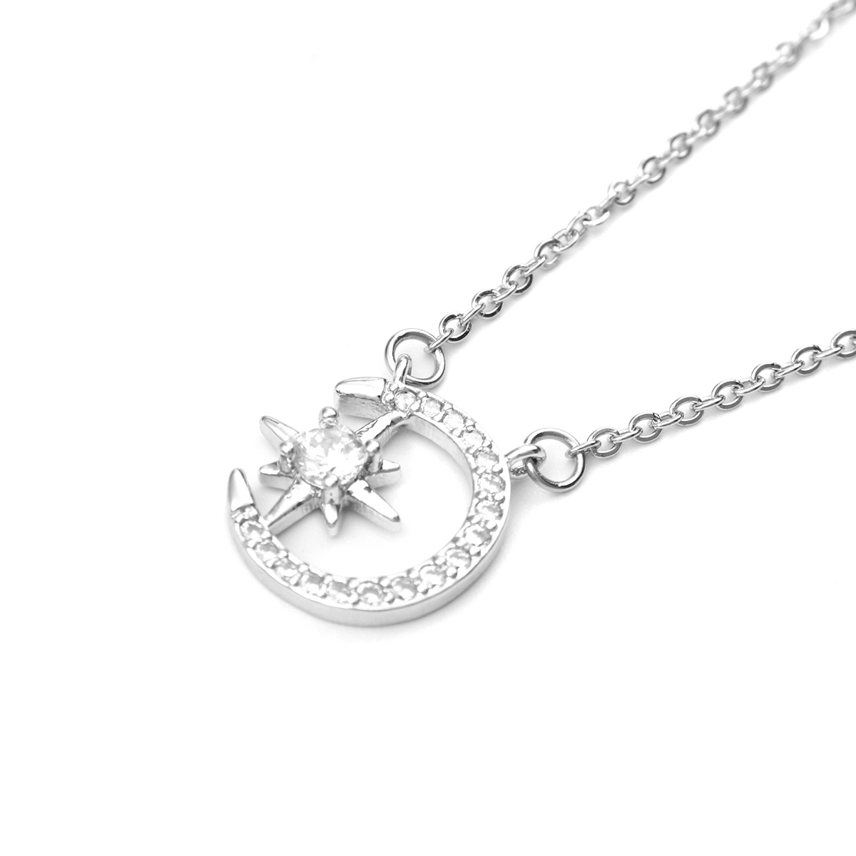 Picture of Stainless Steel Necklace Silver Tone Half Moon Star Clear Cubic Zirconia 45cm(17 6/8") long, 1 Piece