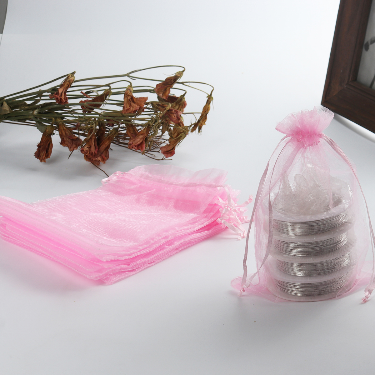 Picture of Wedding Gift Organza Jewelry Bags Drawstring Rectangle Pink (Usable Space: 13.5x10.5cm) 16cm x 11cm, 20 PCs