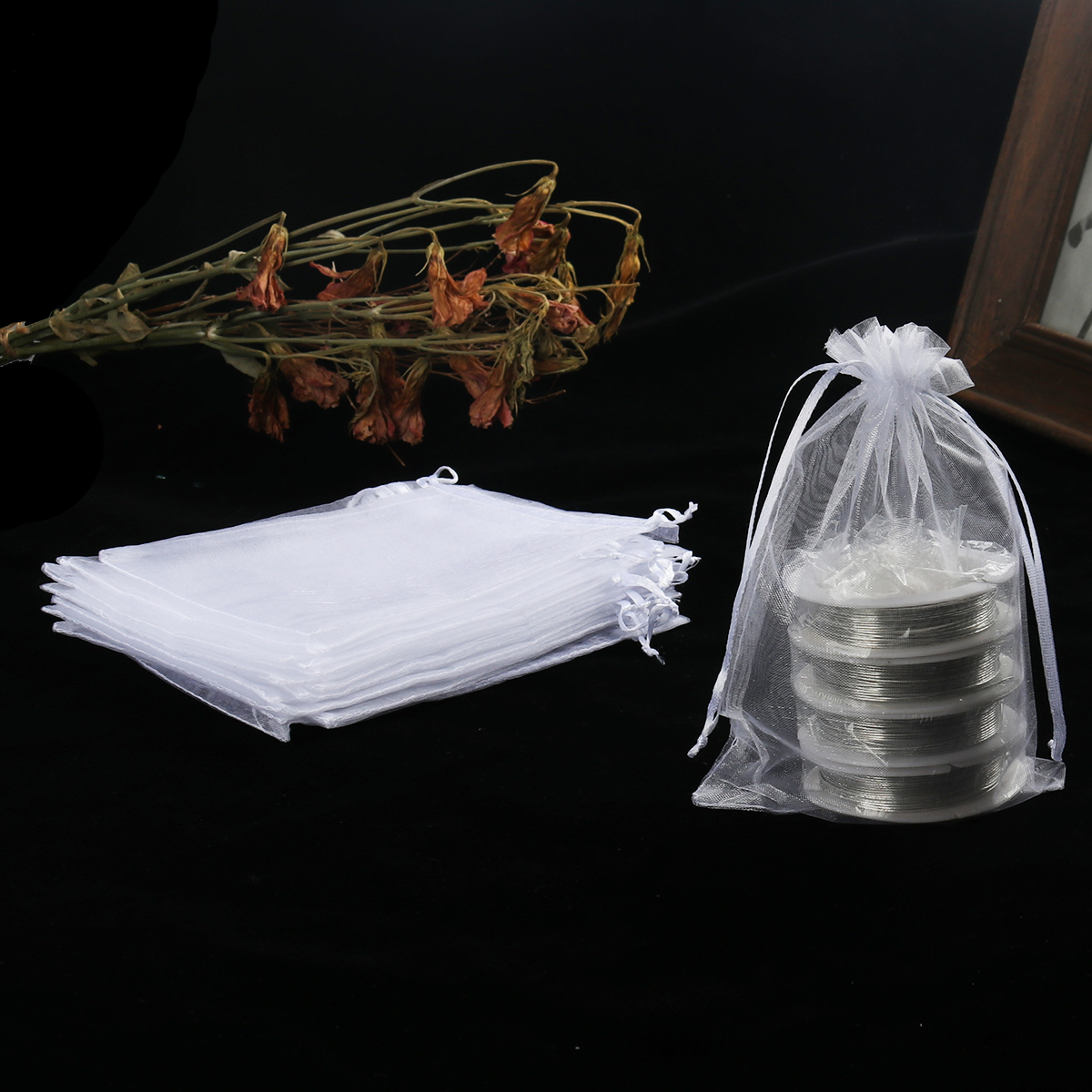 Picture of Wedding Gift Organza Jewelry Bags Drawstring Rectangle White (Usable Space: 15.5x12.5cm) 18cm x 12.8cm, 20 PCs