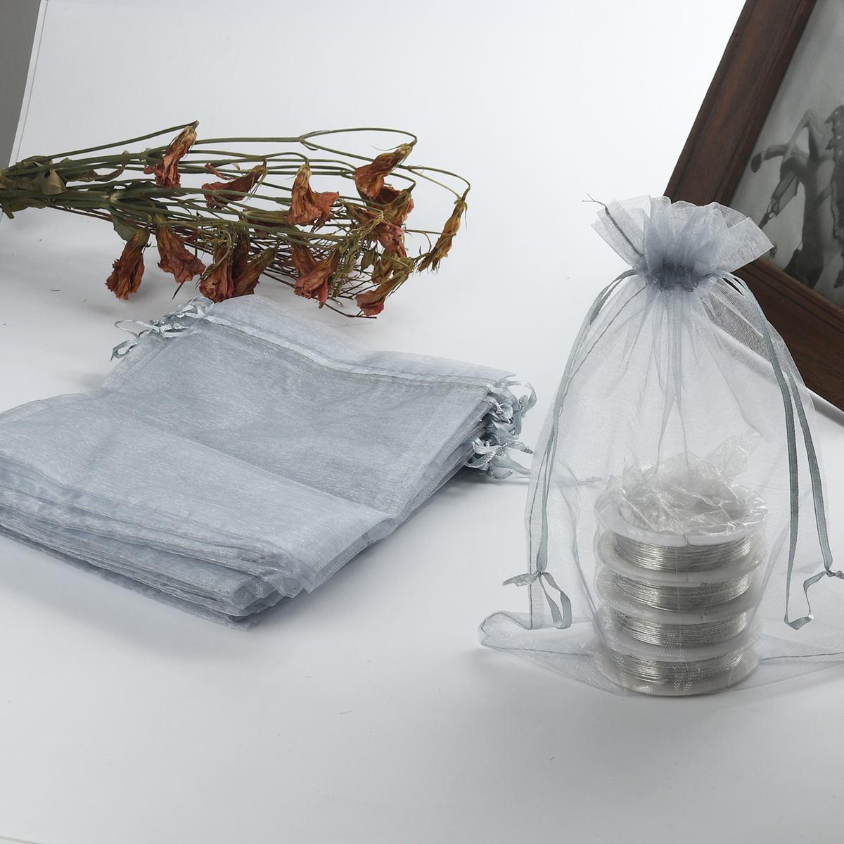 Picture of Wedding Gift Organza Jewelry Bags Drawstring Rectangle Gray (Usable Space: 18.5x16cm) 22.5cm x 16.5cm, 20 PCs