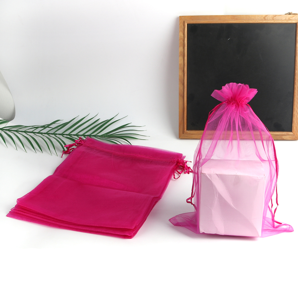 Picture of Wedding Gift Organza Drawstring Bags Rectangle Fuchsia (Usable Space: 26x20cm) 30cm x 20cm, 10 PCs