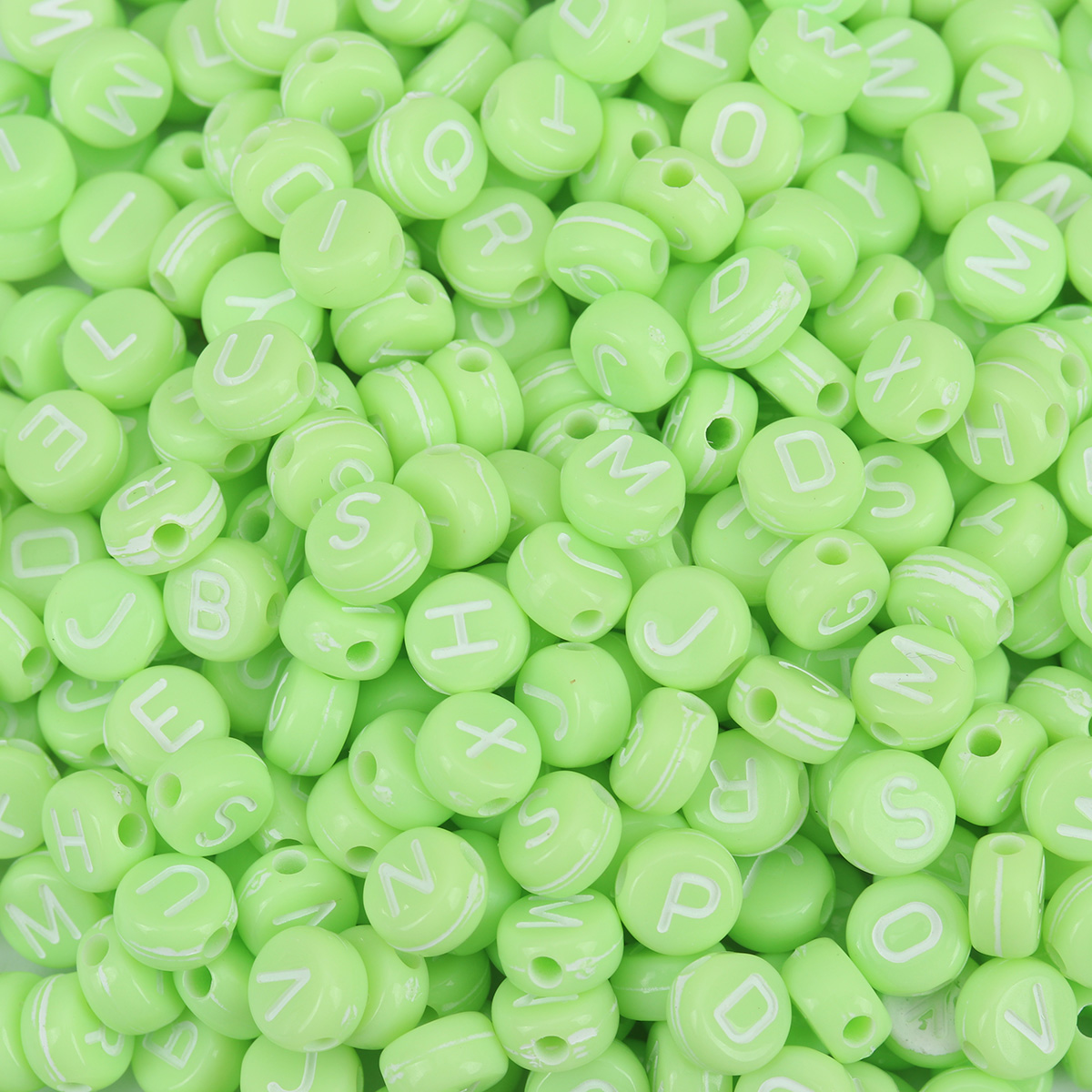 Picture of Acrylic Beads Flat Round At Random Green Initial Alphabet/ Capital Letter Pattern About 7mm Dia., Hole: Approx 1.7mm, 500 PCs