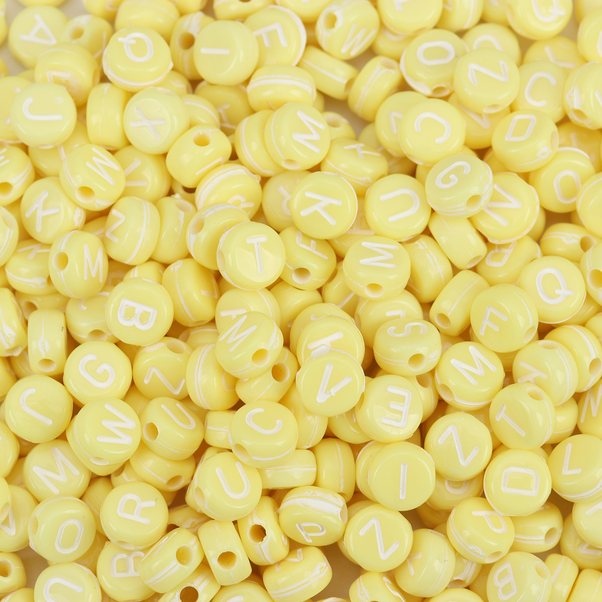 Picture of Acrylic Beads Flat Round At Random Yellow Initial Alphabet/ Capital Letter Pattern About 7mm Dia., Hole: Approx 1.7mm, 500 PCs