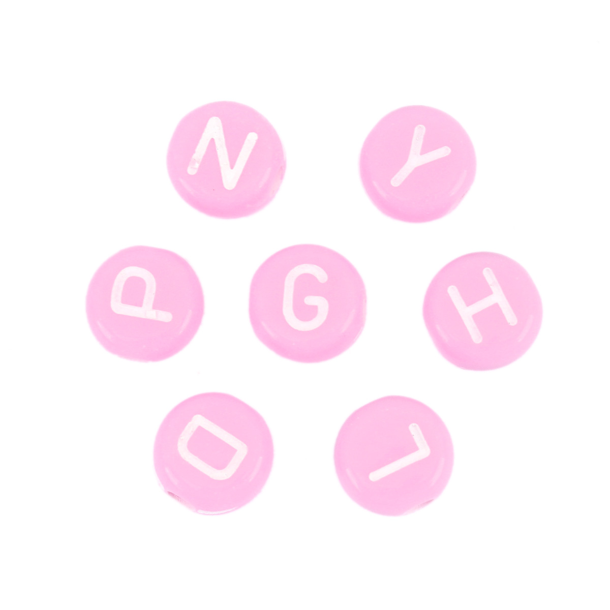 Picture of Acrylic Beads Flat Round At Random Light Pink Initial Alphabet/ Capital Letter Pattern About 7mm Dia., Hole: Approx 1.7mm, 500 PCs