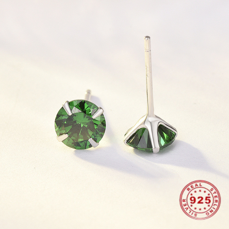 Picture of Sterling Silver & Cubic Zirconia Birthstone Ear Post Stud Earrings Platinum Plated Green Round May 5mm Dia., Post/ Wire Size: (21 gauge), 1 Pair