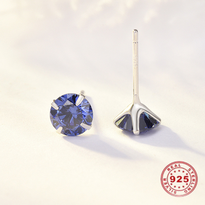 Picture of Sterling Silver & Cubic Zirconia Birthstone Ear Post Stud Earrings Platinum Plated Royal Blue Round September 5mm Dia., Post/ Wire Size: (21 gauge), 1 Pair