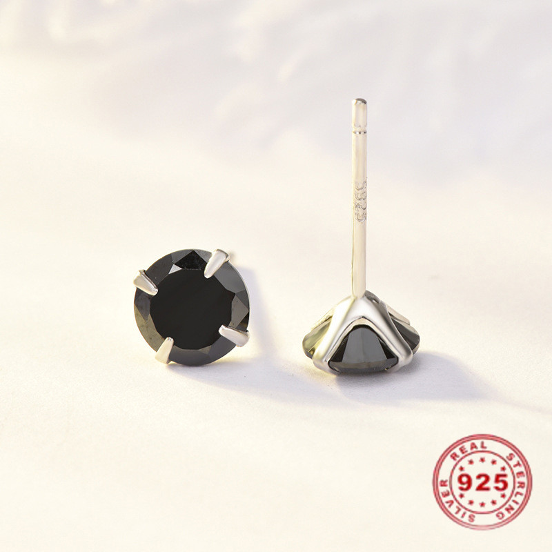 Picture of Sterling Silver & Cubic Zirconia Ear Post Stud Earrings Platinum Plated Black Round 5mm Dia., Post/ Wire Size: (21 gauge), 1 Pair