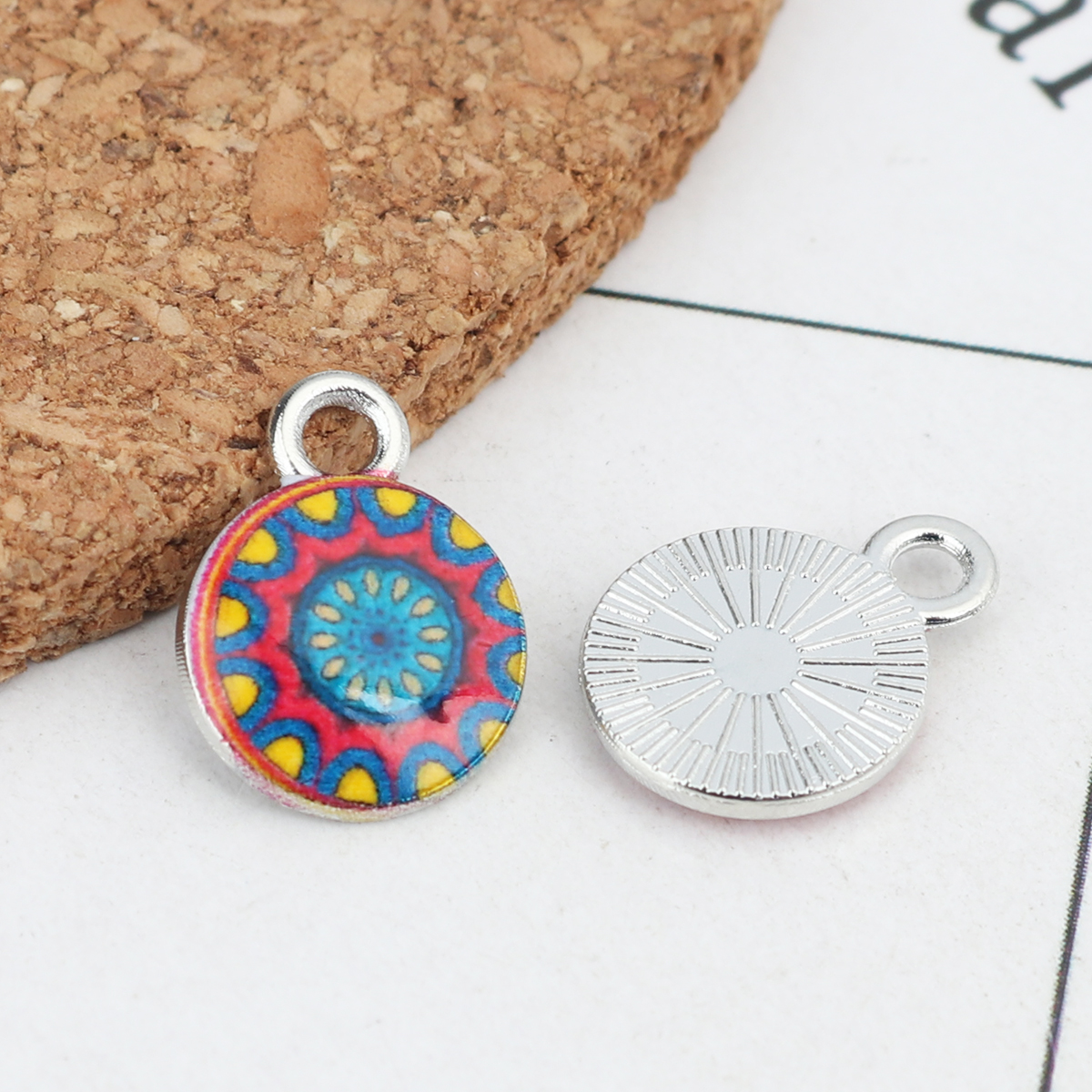 Picture of Zinc Based Alloy Religious Charms Round Silver Tone Multicolor 13mm x 10mm, 10 PCs