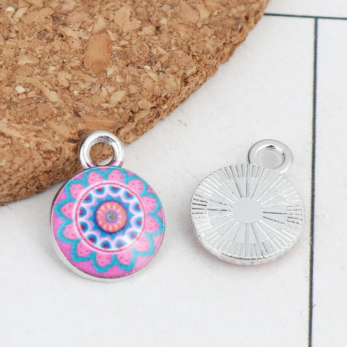 Picture of Zinc Based Alloy & Glass Charms Round Silver Tone Multicolor 14mm x 10mm, 10 PCs