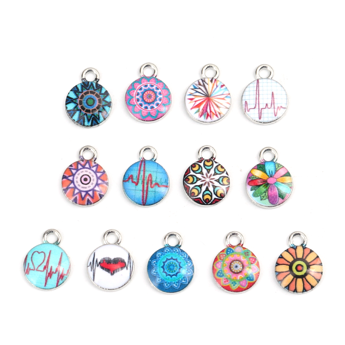Picture of Zinc Based Alloy & Glass Charms Round Silver Tone Multicolor Heart 14mm x 10mm, 10 PCs