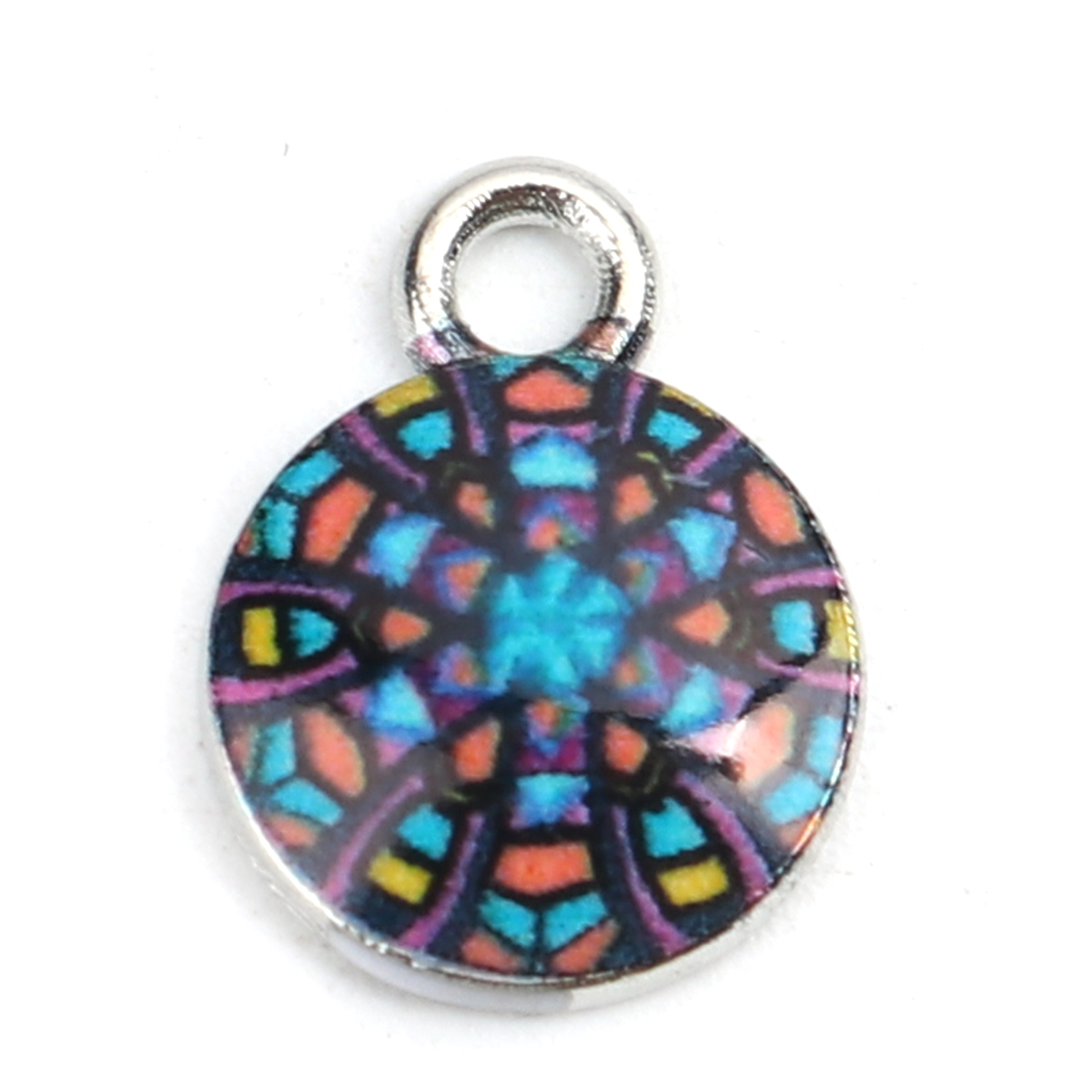 Picture of Zinc Based Alloy & Glass Religious Charms Round Silver Tone Multicolor 14mm x 10mm, 10 PCs