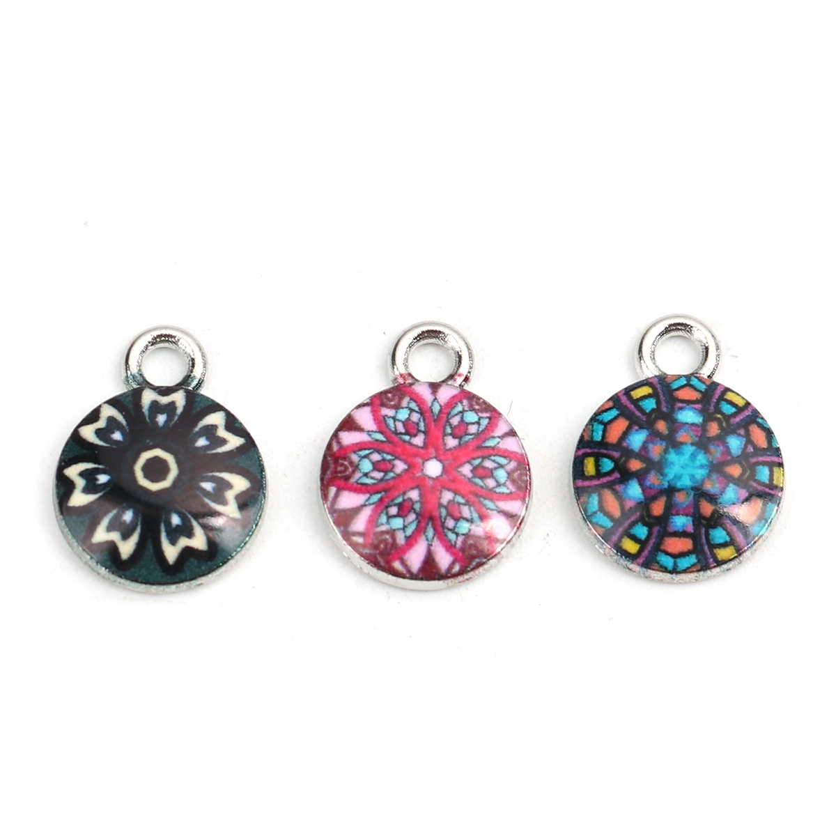 Picture of Zinc Based Alloy & Glass Religious Charms Round Silver Tone Multicolor 14mm x 10mm, 10 PCs