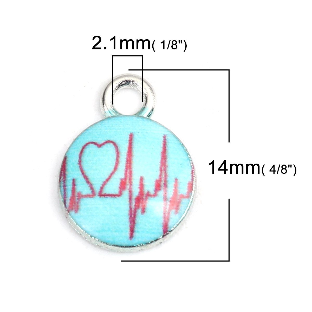 Picture of Zinc Based Alloy & Glass Charms Round Silver Tone Red & Blue Heart 14mm x 10mm, 10 PCs