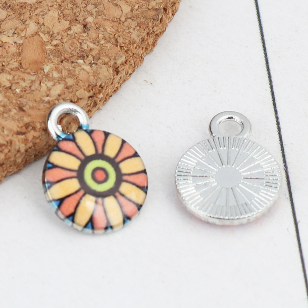 Picture of Zinc Based Alloy & Glass Charms Round Silver Tone Multicolor Stripe With Glass Cabochons 14mm x 10mm, 10 PCs