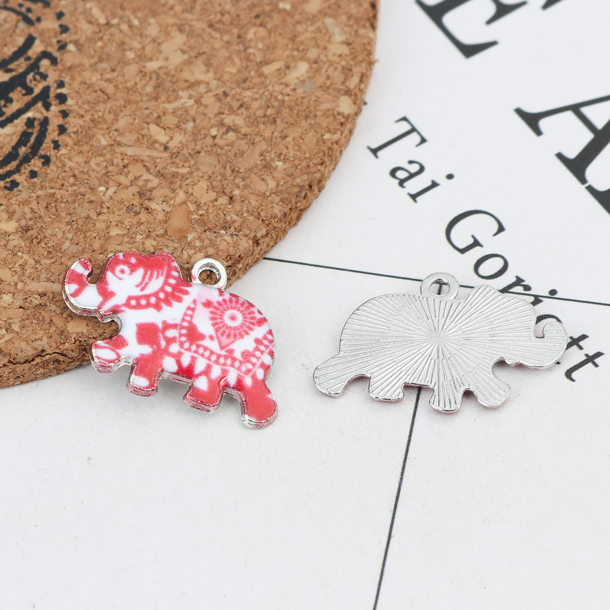 Picture of Zinc Based Alloy Charms Elephant Animal Silver Tone White & Red Enamel 24mm x 16mm, 10 PCs
