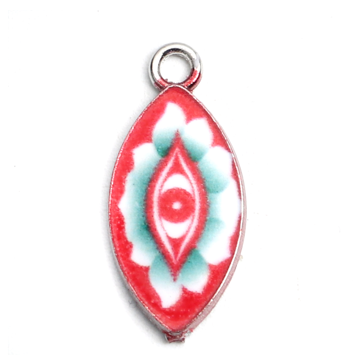 Picture of Zinc Based Alloy Religious Charms Marquise Silver Tone White & Red Evil Eye Enamel 23mm x 10mm, 10 PCs