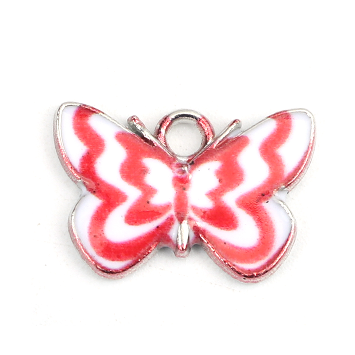 Picture of Zinc Based Alloy Insect Charms Butterfly Animal Silver Tone White & Red Stripe Enamel 17mm x 12mm, 10 PCs