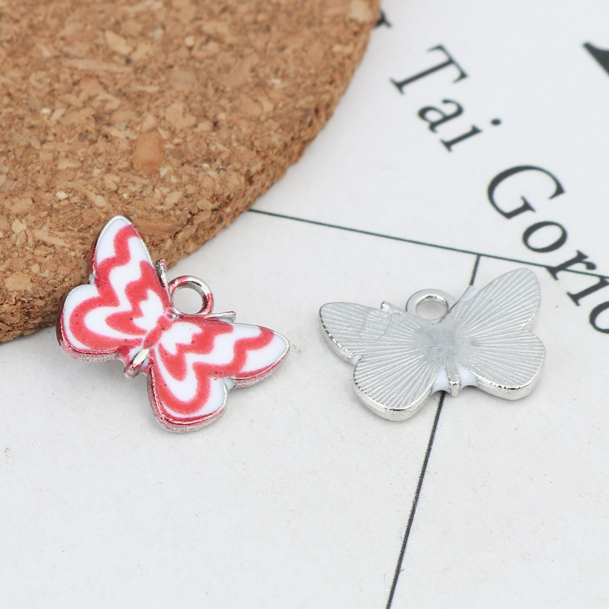 Picture of Zinc Based Alloy Insect Charms Butterfly Animal Silver Tone White & Red Stripe Enamel 17mm x 12mm, 10 PCs