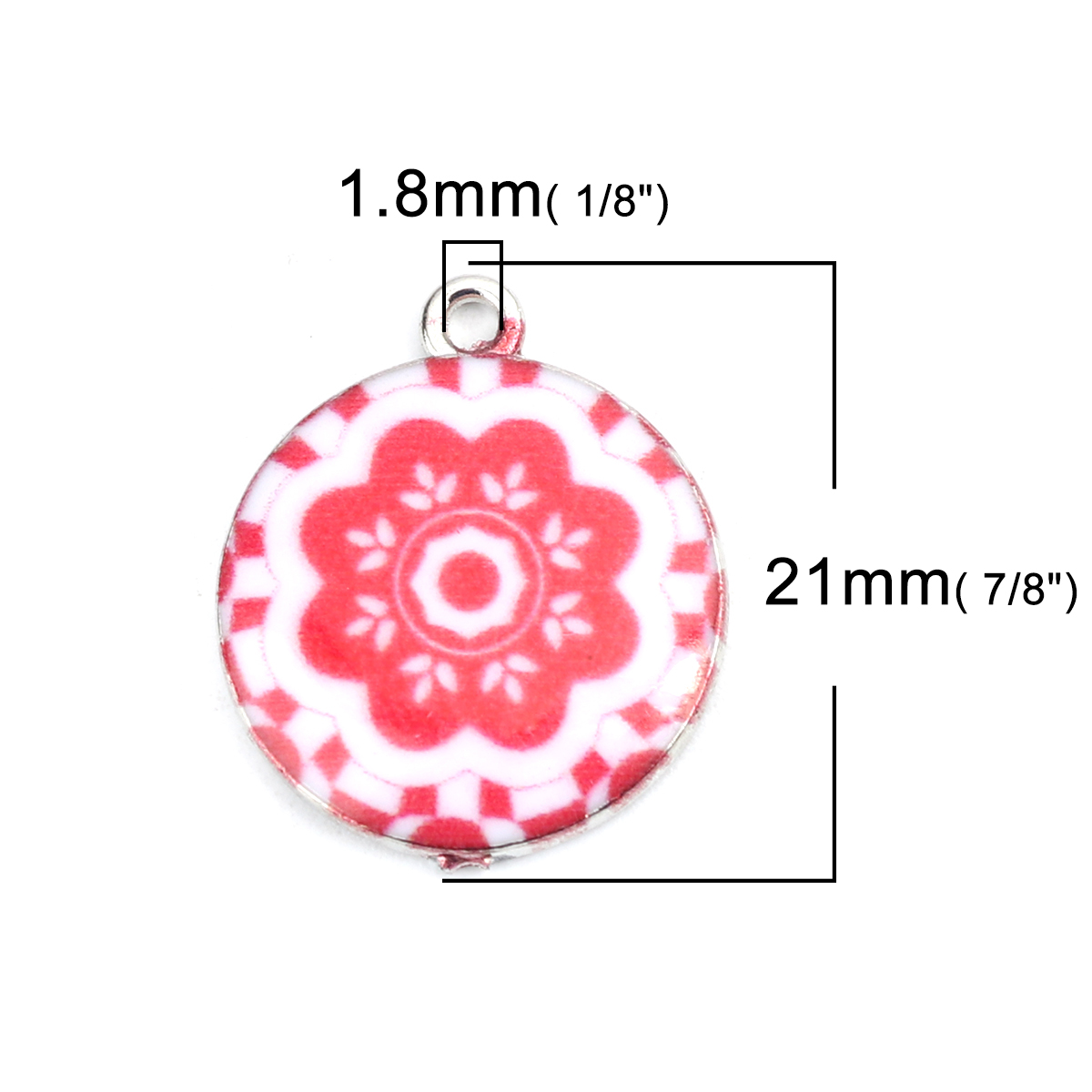 Picture of Zinc Based Alloy Charms Round Silver Tone White & Red Flower Enamel 21mm x 18mm, 10 PCs