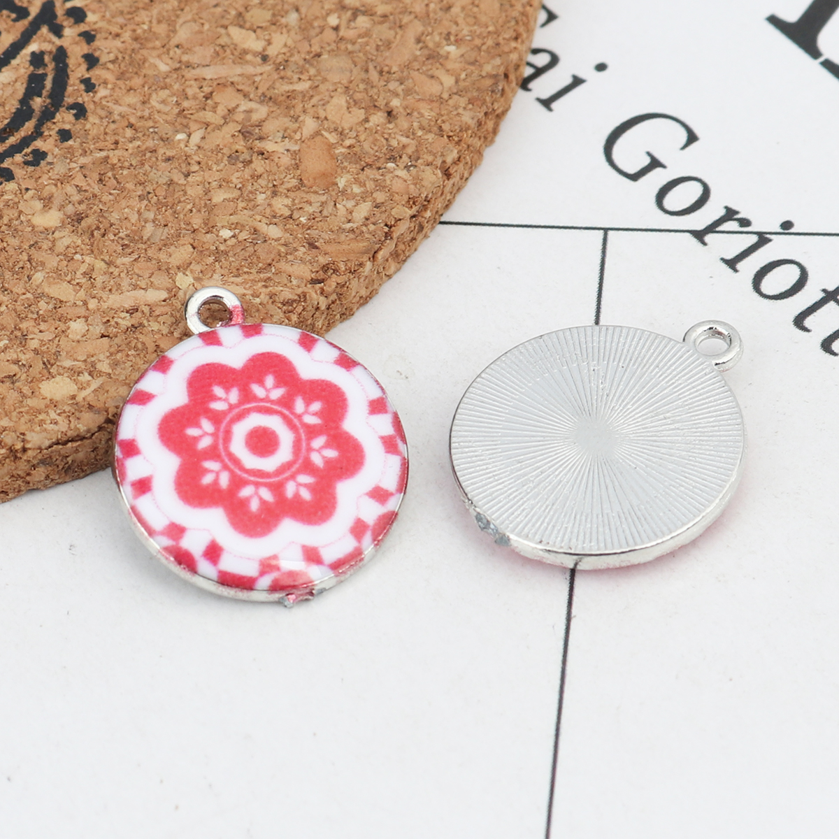 Picture of Zinc Based Alloy Charms Round Silver Tone White & Red Flower Enamel 21mm x 18mm, 10 PCs
