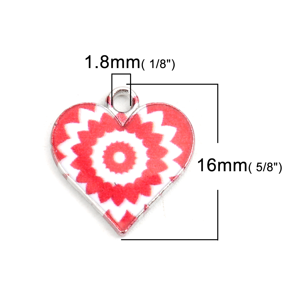 Picture of Zinc Based Alloy & Glass Charms Heart Silver Tone White & Red 17mm x 16mm, 10 PCs