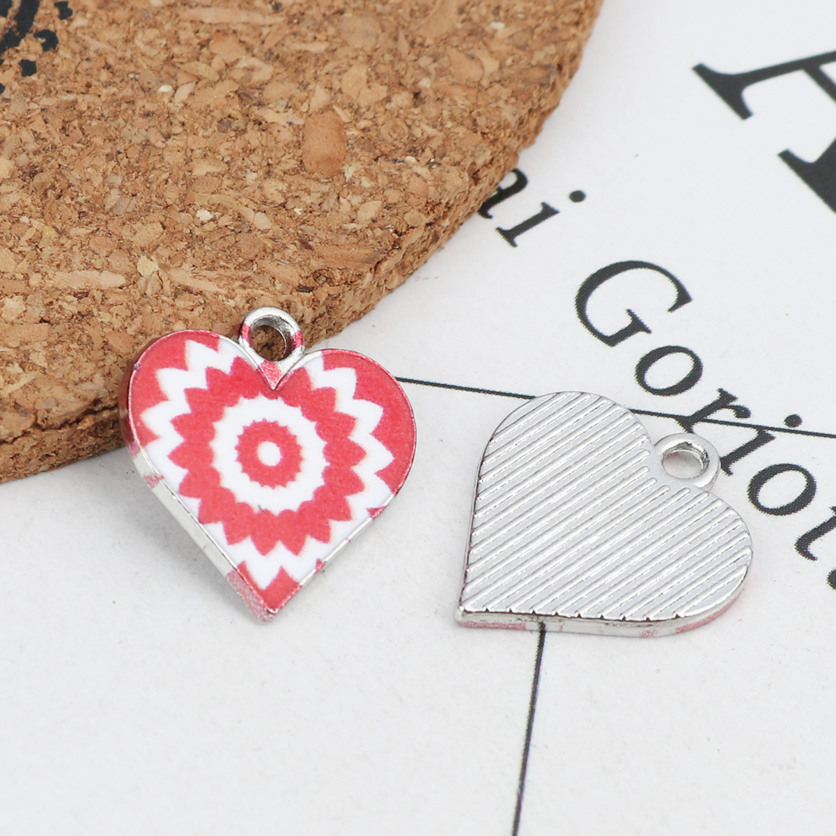 Picture of Zinc Based Alloy & Glass Charms Heart Silver Tone White & Red 17mm x 16mm, 10 PCs