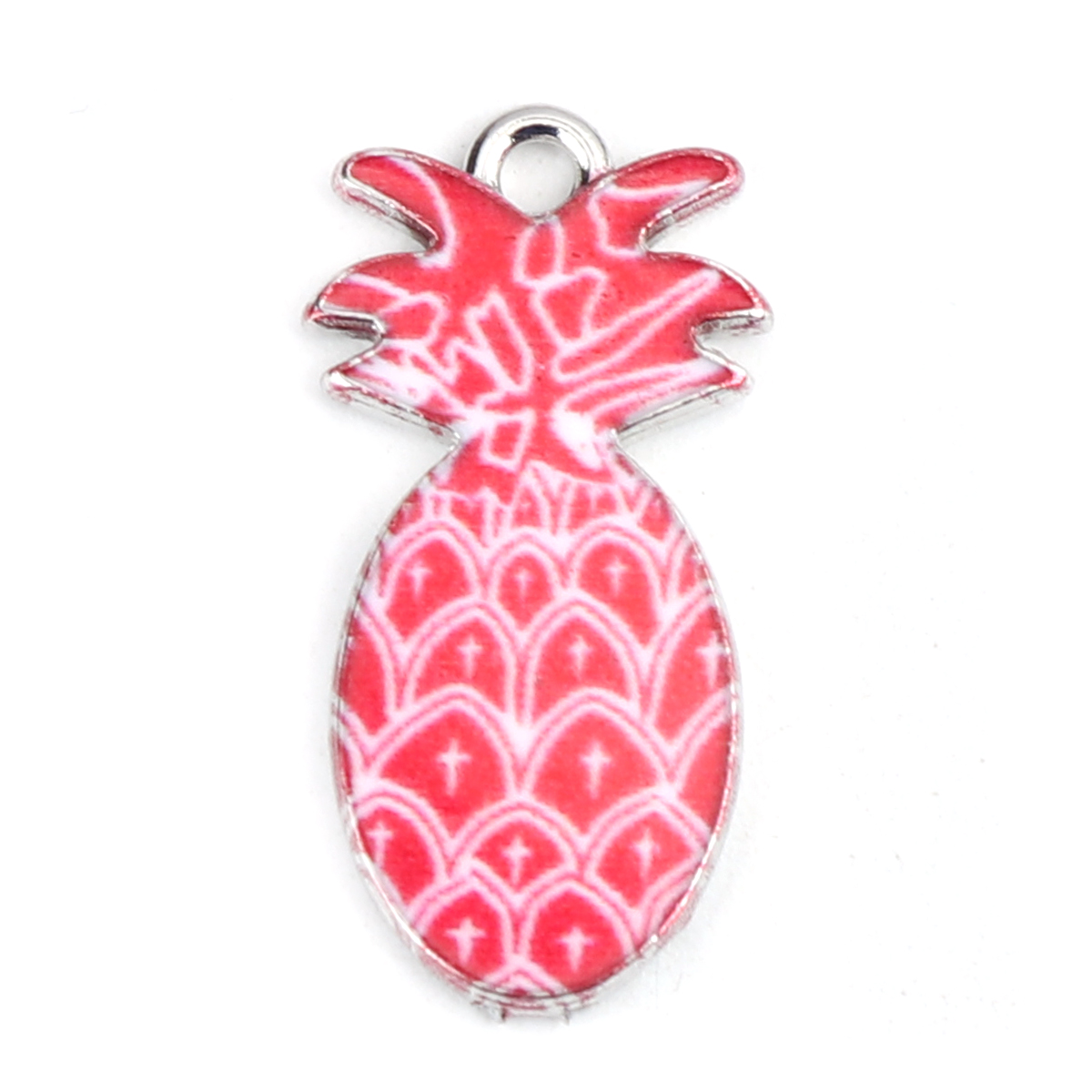 Picture of Zinc Based Alloy Charms Pineapple/ Ananas Fruit Silver Tone White & Red Enamel 24mm x 12mm, 10 PCs