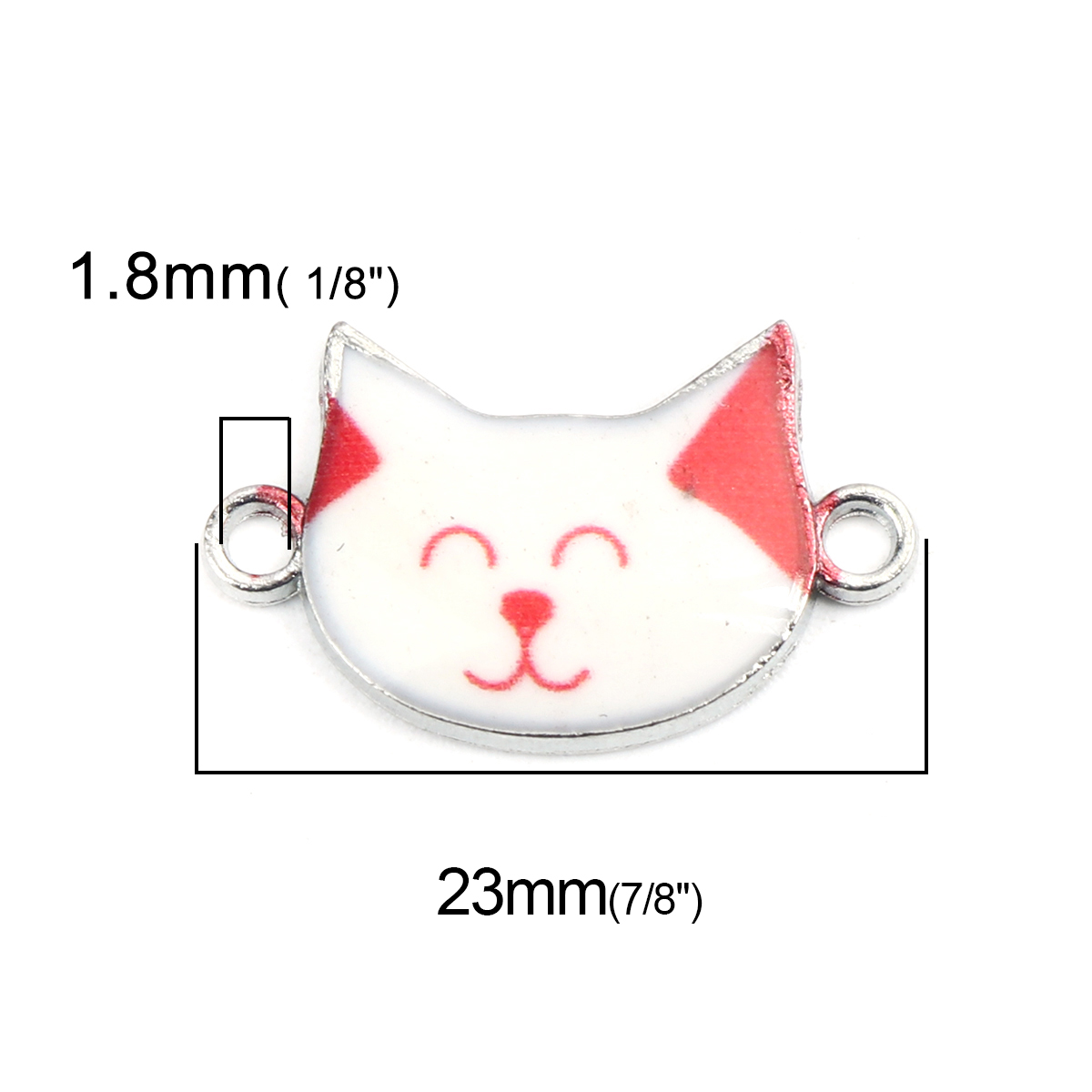 Picture of Zinc Based Alloy Charms Cat Animal Silver Tone White & Red Enamel 23mm x 14mm, 10 PCs