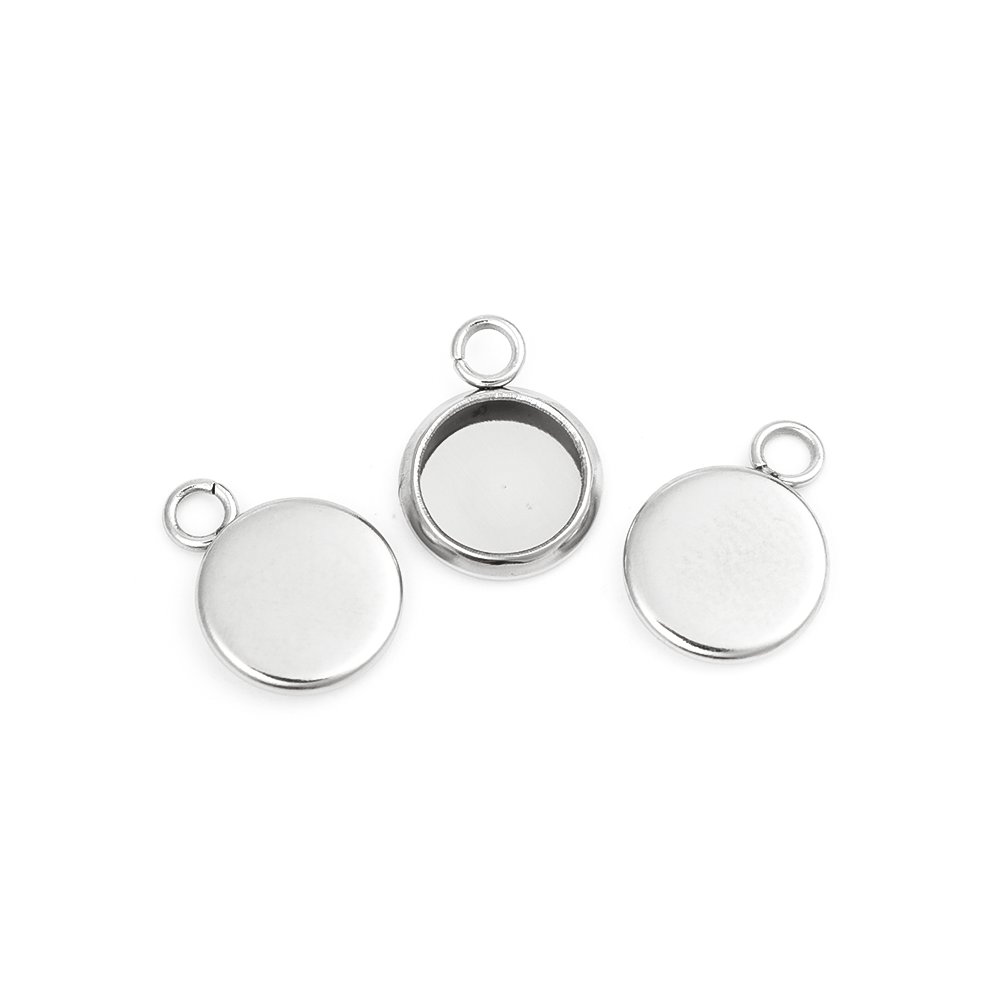 Picture of 304 Stainless Steel Charms Round Silver Tone Cabochon Settings (Fits 6mm Dia.) 11mm x 8mm, 10 PCs