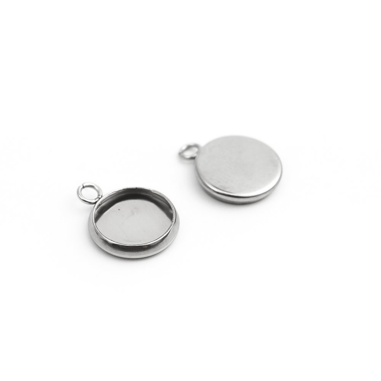 Picture of 304 Stainless Steel Charms Round Silver Tone Cabochon Settings (Fits 8mm Dia.) 12mm x 10mm, 10 PCs