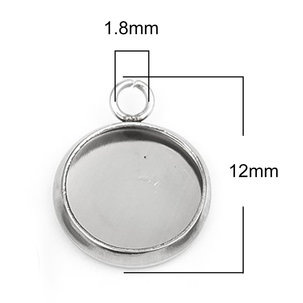 Picture of 304 Stainless Steel Charms Round Silver Tone Cabochon Settings (Fits 8mm Dia.) 12mm x 10mm, 10 PCs