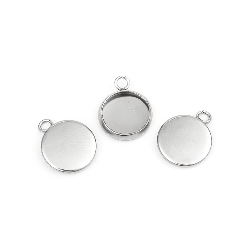 Picture of 304 Stainless Steel Charms Round Silver Tone Cabochon Settings (Fits 8mm Dia.) 12mm x 10mm, 10 PCs