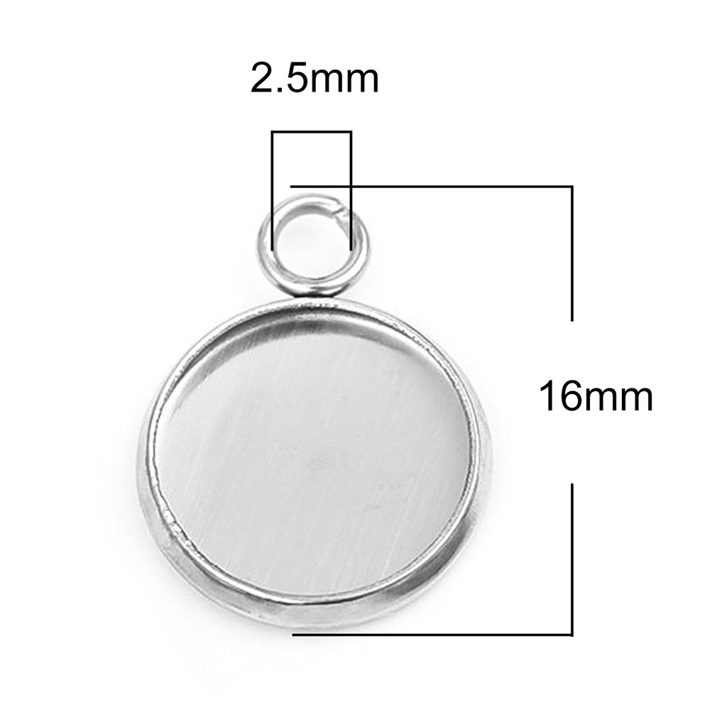 Picture of 304 Stainless Steel Charms Round Silver Tone Cabochon Settings (Fits 10mm Dia.) 16mm x 12mm, 10 PCs