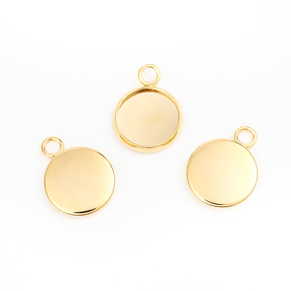 Picture of 304 Stainless Steel Charms Round Gold Plated Cabochon Settings (Fits 10mm Dia.) 16mm x 12mm, 10 PCs