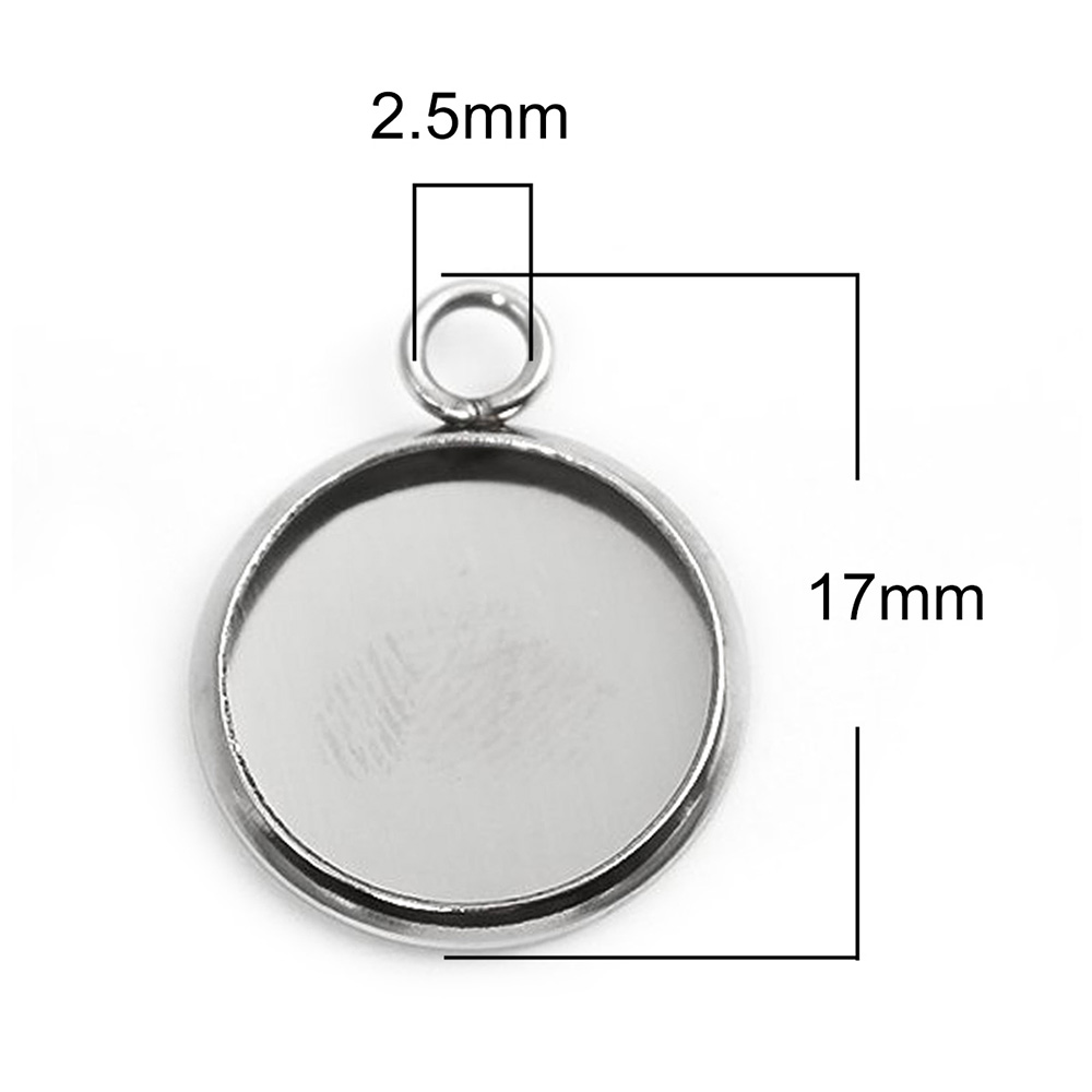 Picture of 304 Stainless Steel Charms Round Silver Tone Cabochon Settings (Fits 12mm Dia.) 17mm x 14mm, 10 PCs