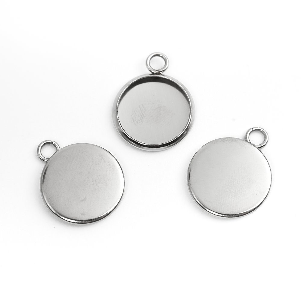 Picture of 304 Stainless Steel Charms Round Silver Tone Cabochon Settings (Fits 12mm Dia.) 17mm x 14mm, 10 PCs