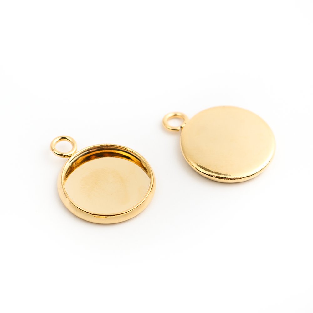 Picture of 304 Stainless Steel Charms Round Gold Plated Cabochon Settings (Fits 12mm Dia.) 17mm x 14mm, 10 PCs