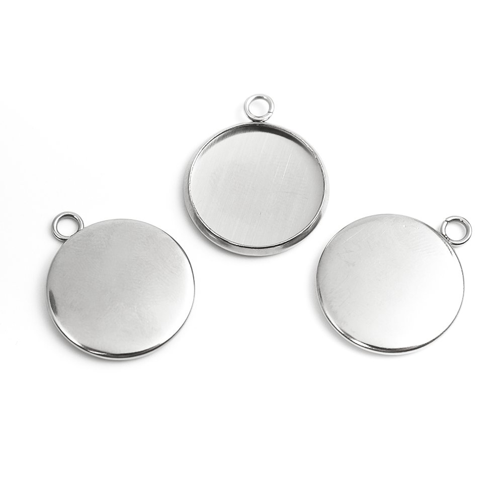 Picture of 304 Stainless Steel Charms Round Silver Tone Cabochon Settings (Fits 16mm Dia.) 22mm x 18mm, 10 PCs