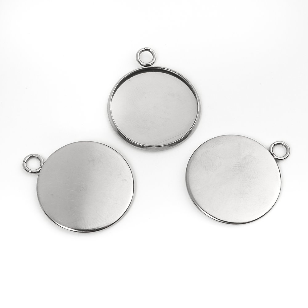 Picture of 304 Stainless Steel Charms Round Silver Tone Cabochon Settings (Fits 20mm Dia.) 27mm x 22mm, 10 PCs