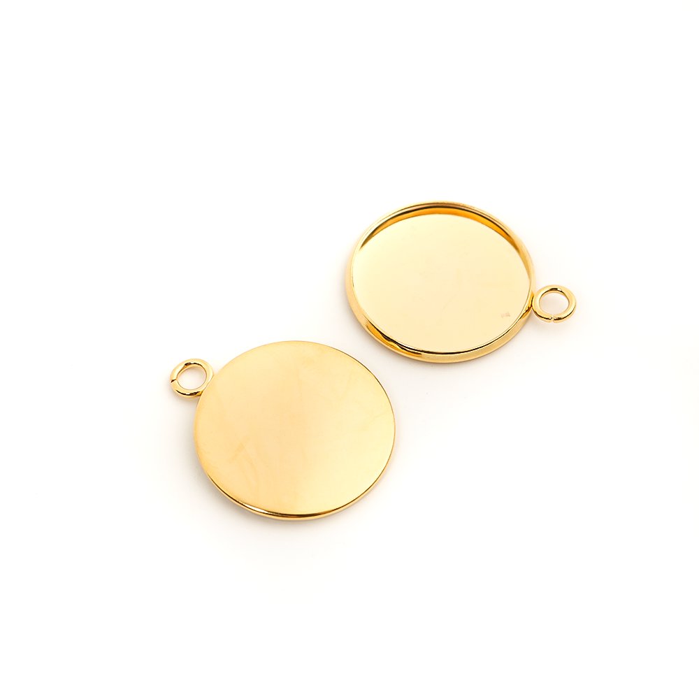 Picture of 304 Stainless Steel Charms Round Gold Plated Cabochon Settings (Fits 20mm Dia.) 27mm x 22mm, 10 PCs