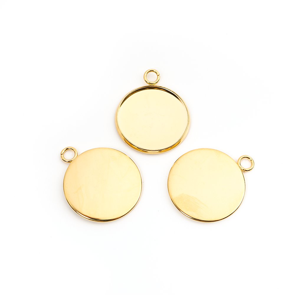 Picture of 304 Stainless Steel Charms Round Gold Plated Cabochon Settings (Fits 20mm Dia.) 27mm x 22mm, 10 PCs